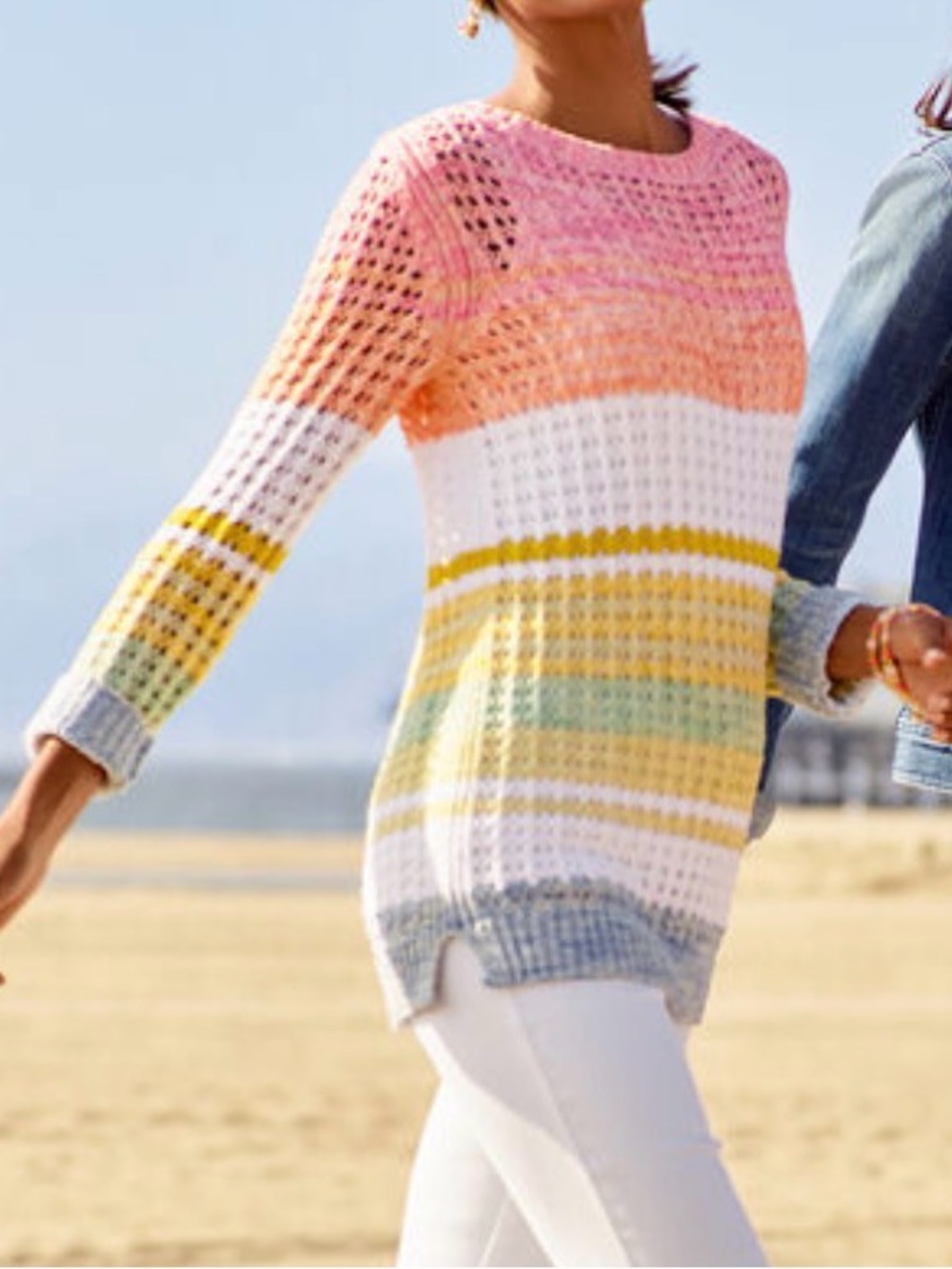 Summer Open-Knit Pastel Stripe Sweater - Pink/Peach/Yellow - Medium - Picture 2 of 2